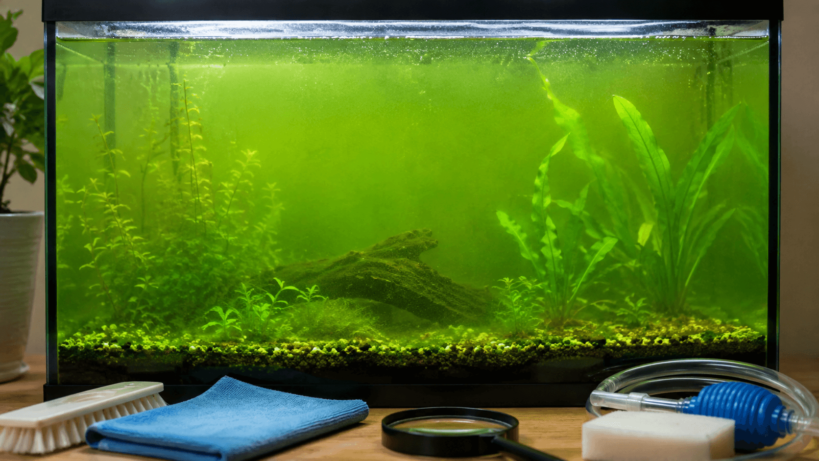 Зелёная вода в аквариуме и инструменты