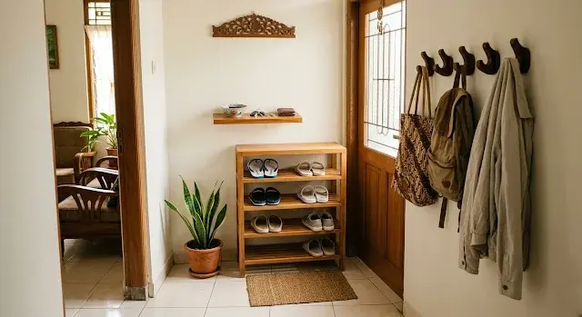 Area pintu masuk rumah kecil rapi dengan rak sepatu tipis, tray kunci, dan kait dinding