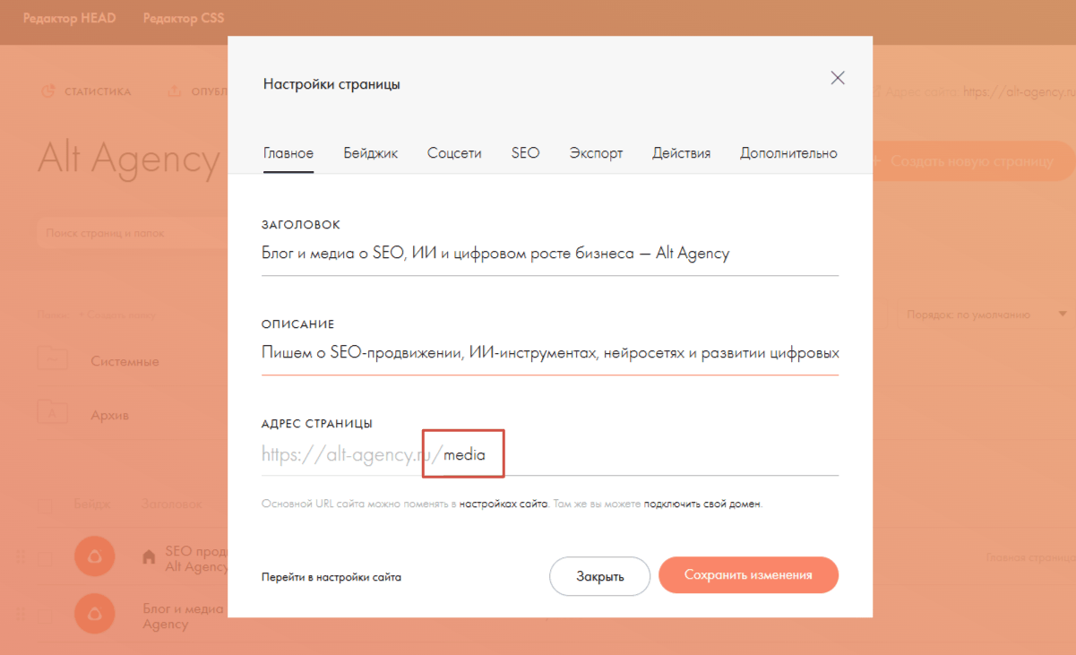 Задаем ЧПУ страниц для SEO выдачи сайт на Тильде