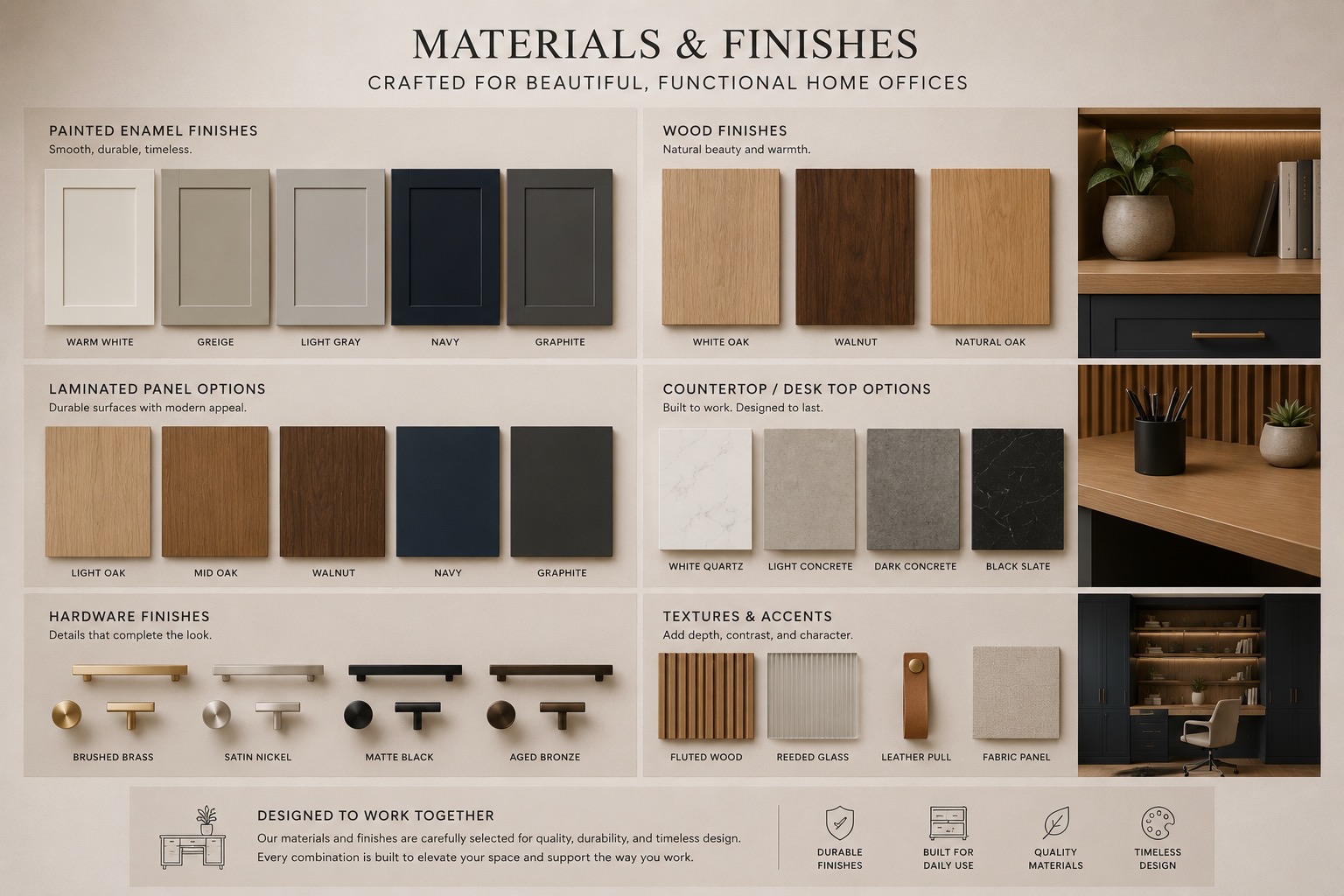 Home office material and finish options including painted enamel, white oak, walnut, navy, graphite, greige, countertops, and cabinet hardware.