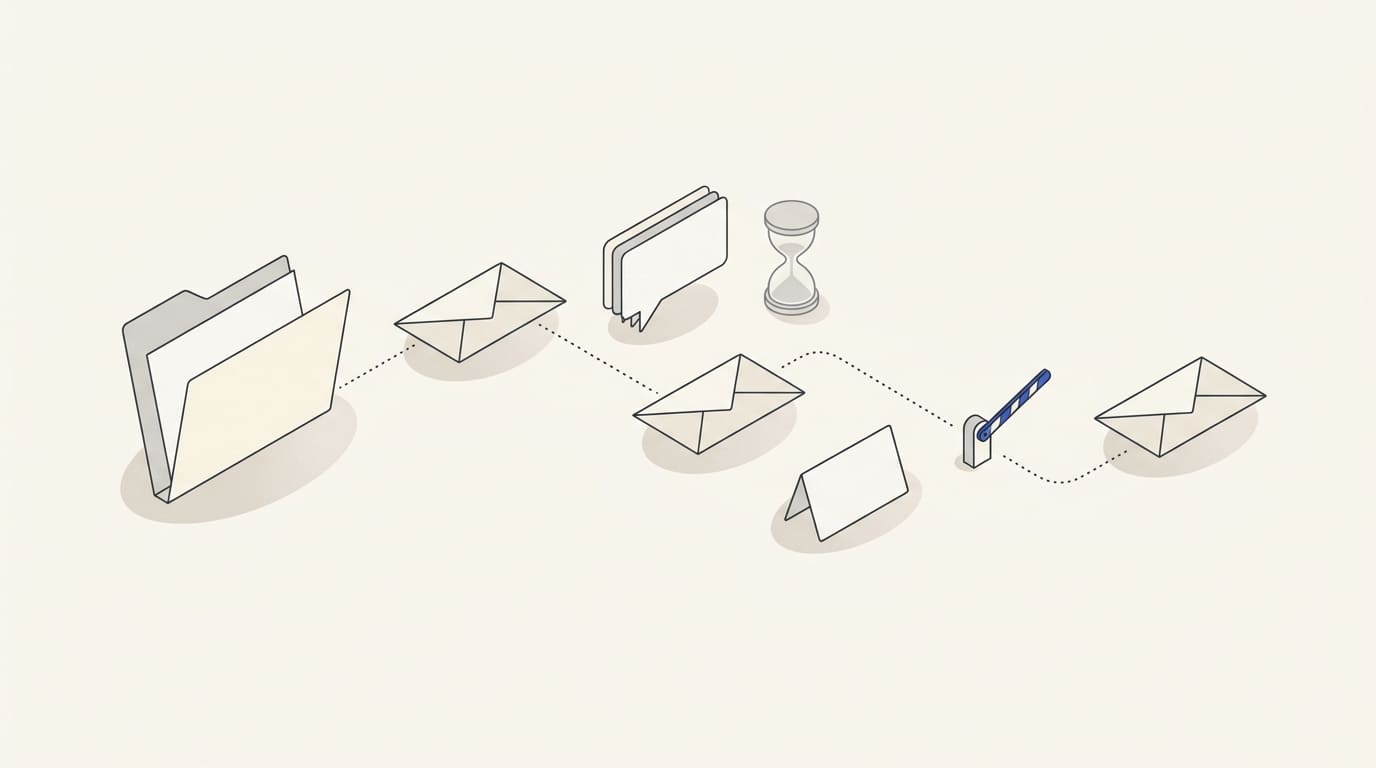 A proposal folder and email sequence with clarification, a case card, hourglass and manual control.