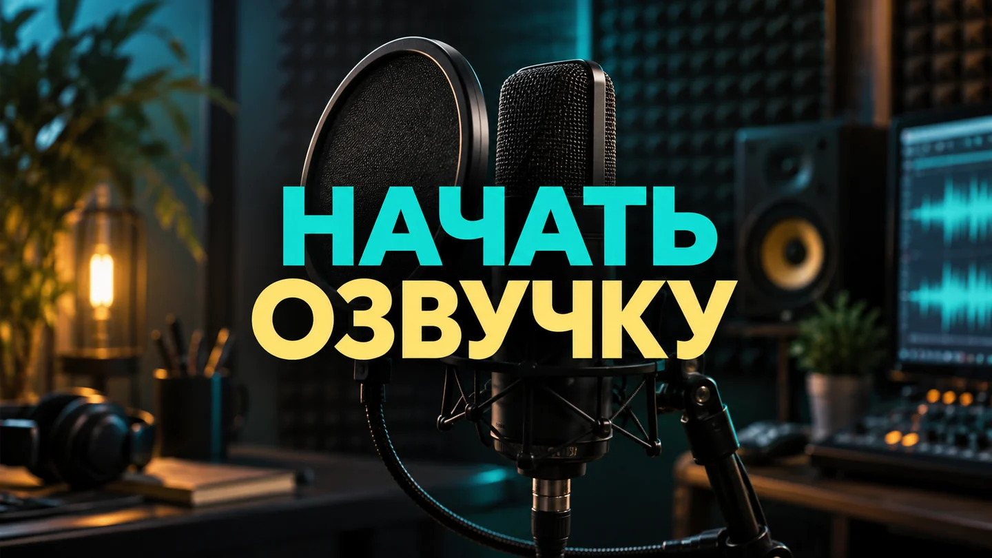 Микрофон и надпись «Начать озвучку» в бирюзовом и жёлтом цветах
