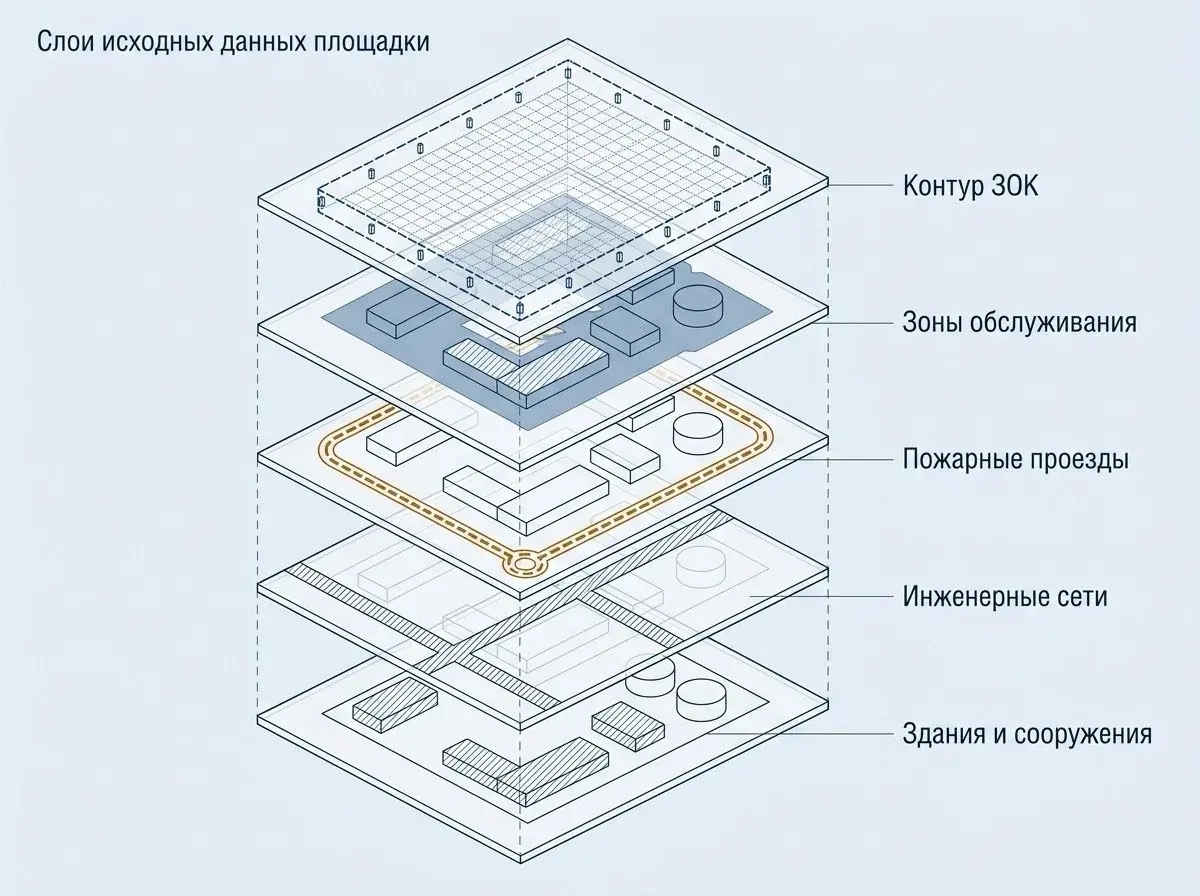 Схема слоёв исходных данных промышленной площадки для проектирования ЗОК: здания и сооружения, инженерные сети, пожарные проезды, зоны обслуживания, контур защитной конструкции