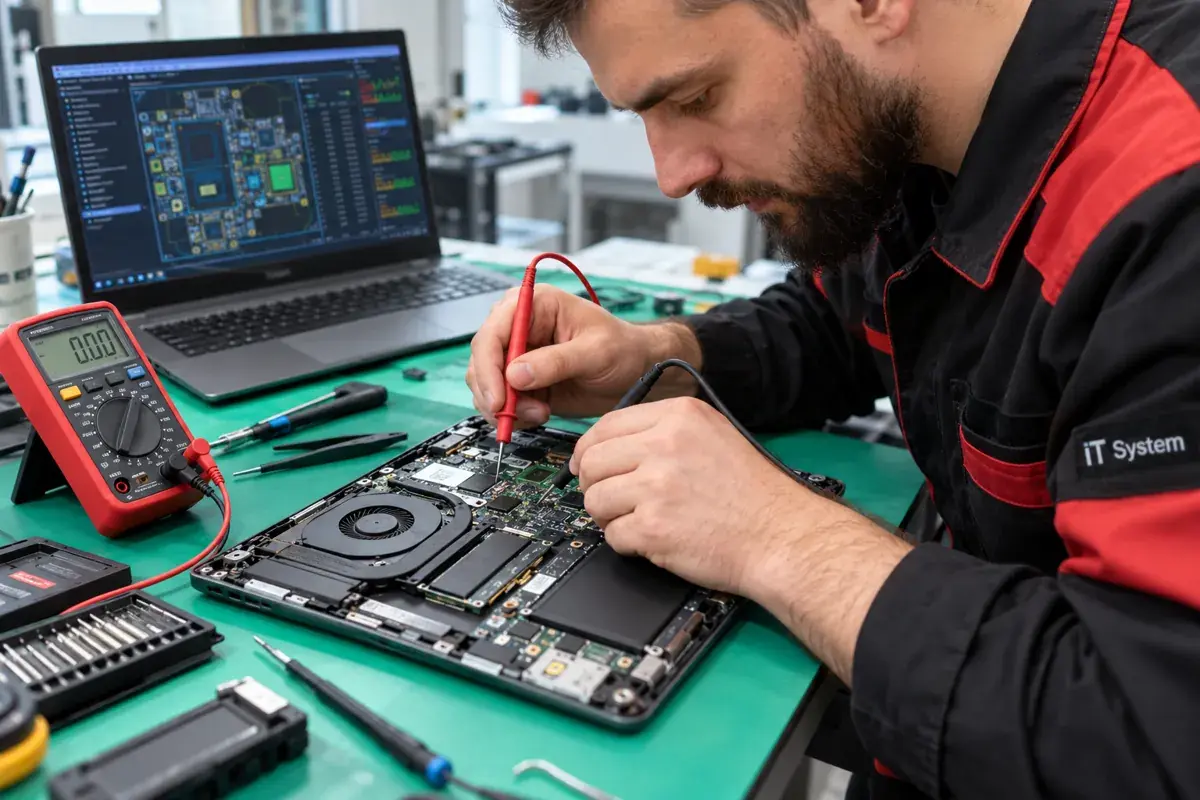 Мастер IT System проверяет плату ноутбука мультиметром