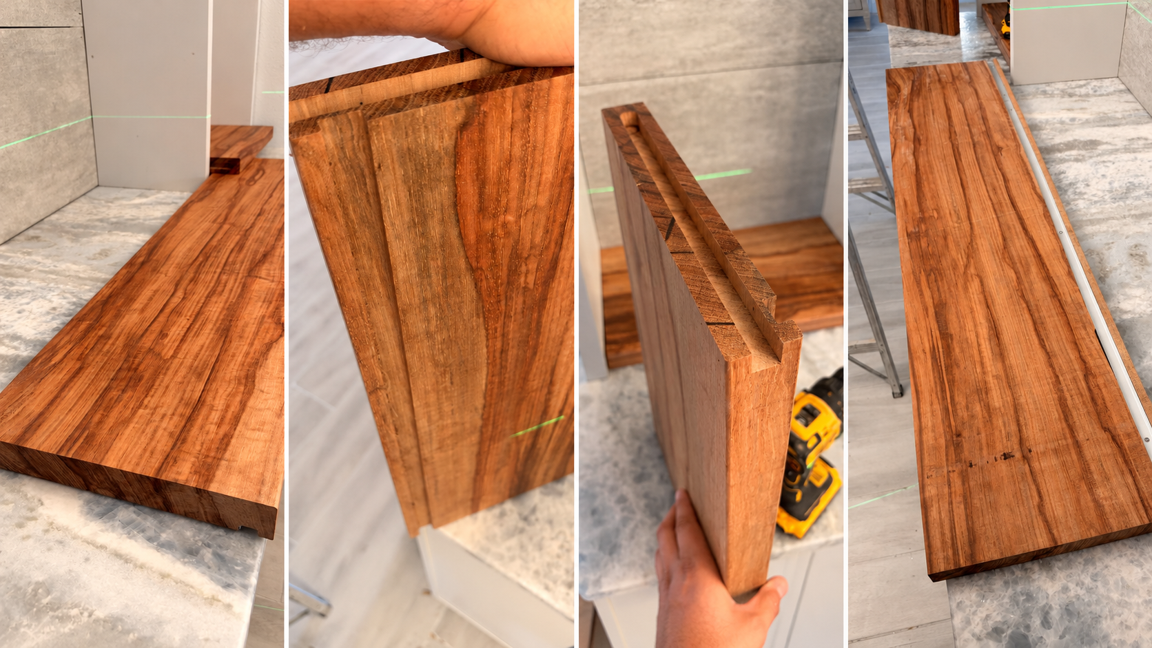 Collage showing the fabrication of solid wood bar shelves, including routed channels, edge details, finishing, and installation of concealed LED profiles