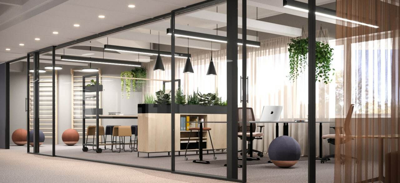 Trendy office interior rendering with industrial-style decor and seating area