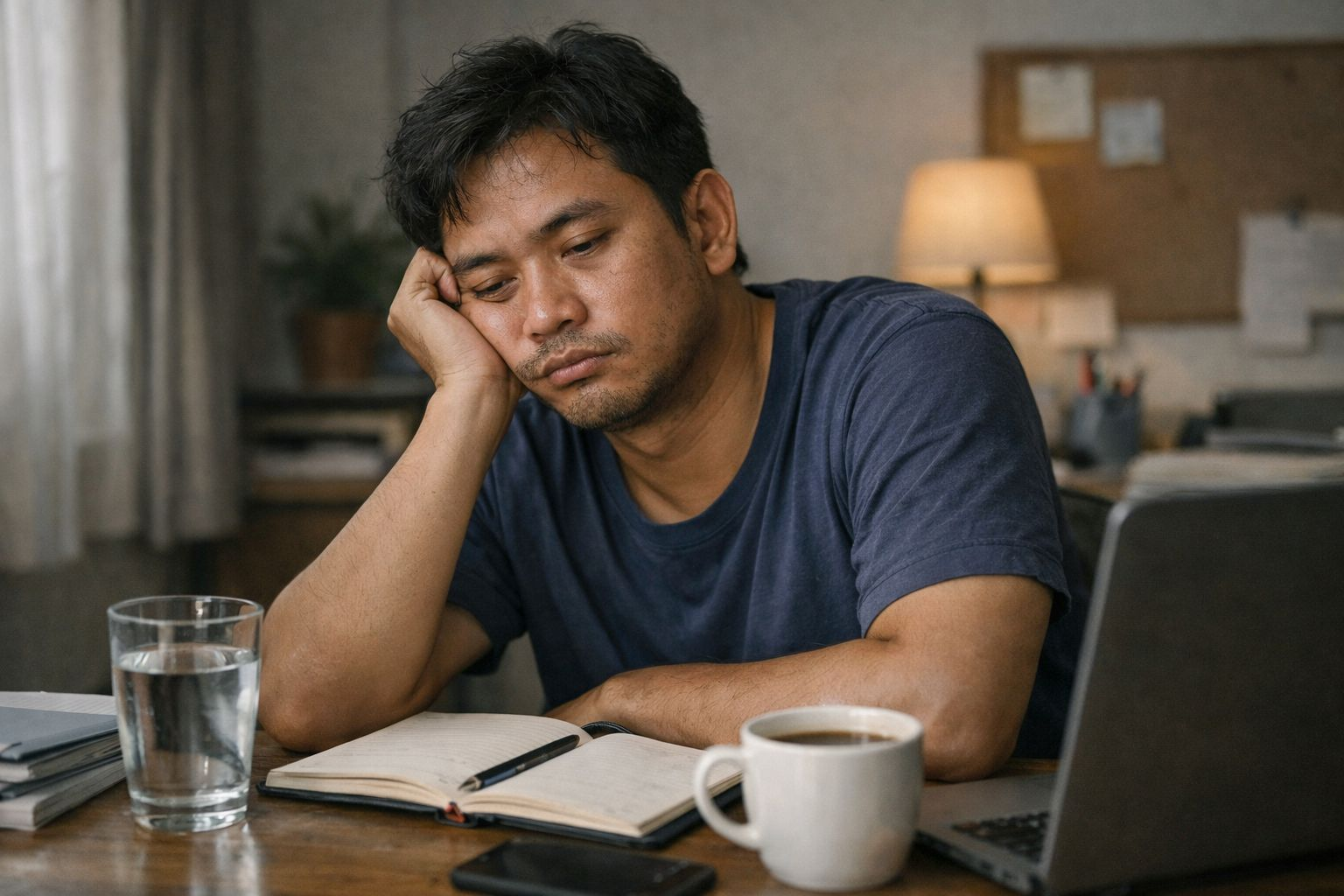 Pria tampak lelah di depan laptop dengan buku catatan dan secangkir kopi, menggambarkan energi rendah yang memicu prokrastinasi
