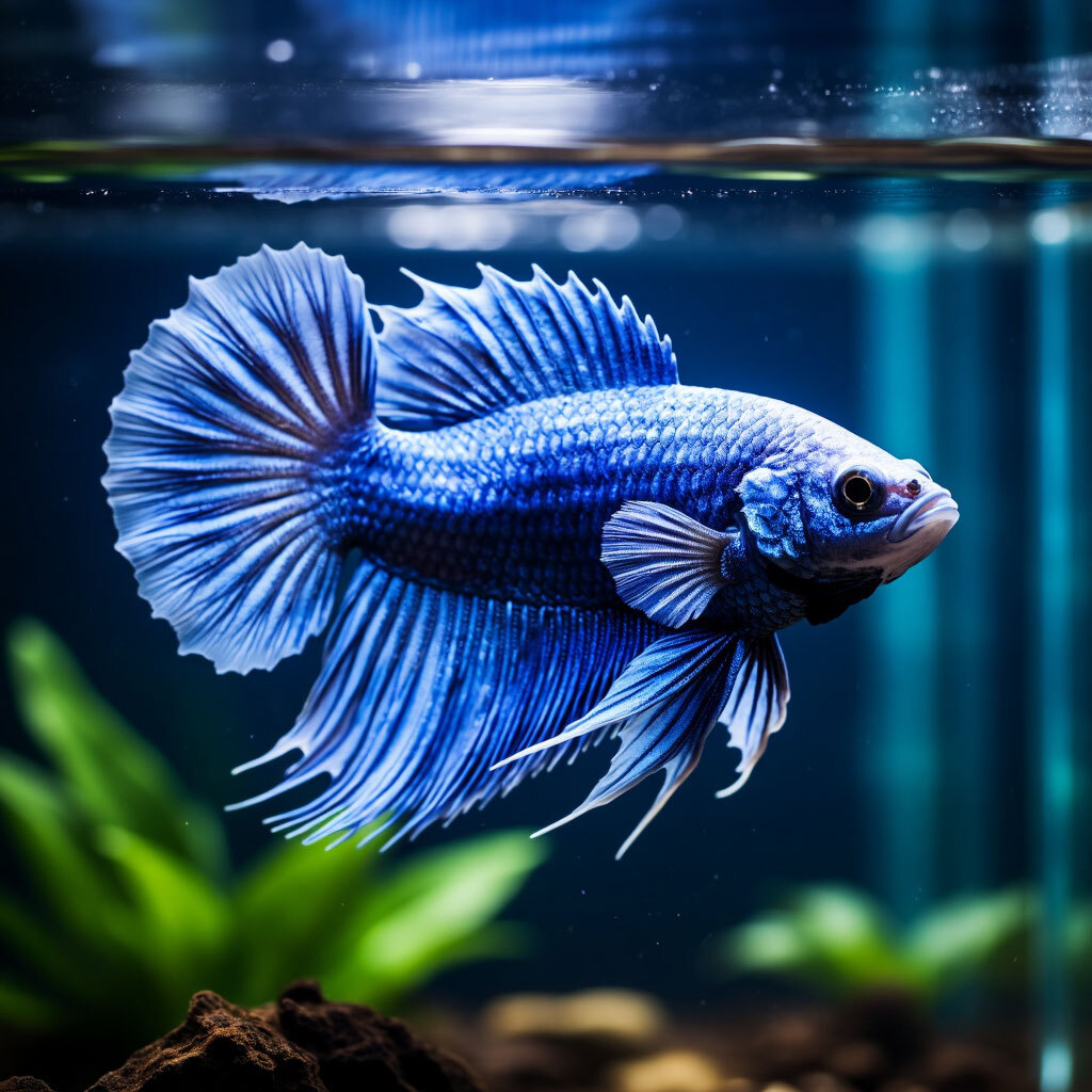 Аквариумная рыбка петушок насыщенного синего окраса с изящными плавниками на фоне аквариумных растений