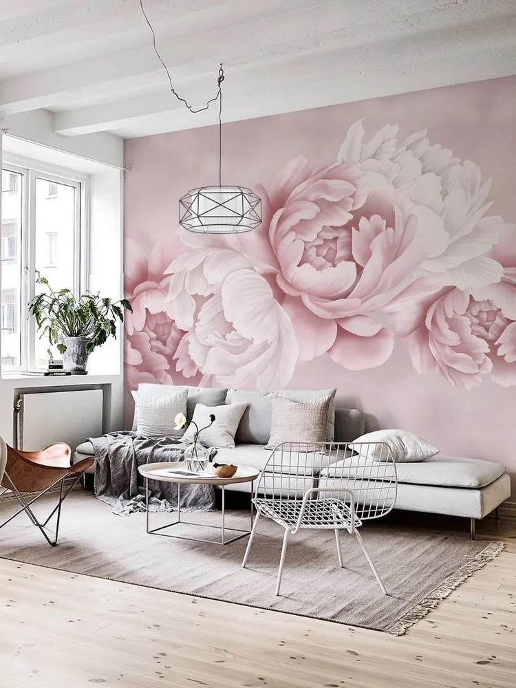 Пыльно-розовые обои с пионами в интерьере, ширина 3 метра