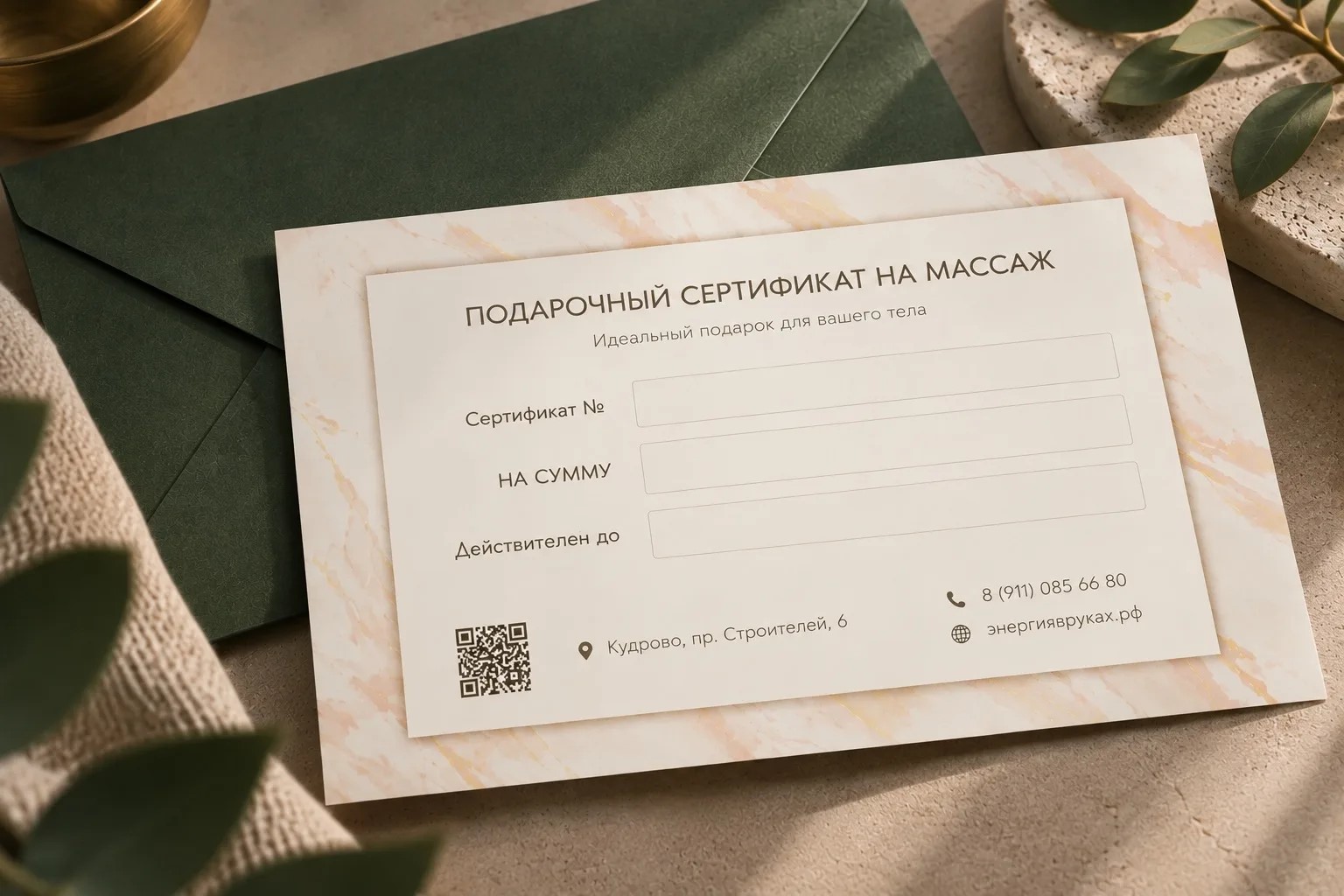 Оборот подарочного сертификата «Энергия в руках» с полем «На сумму»