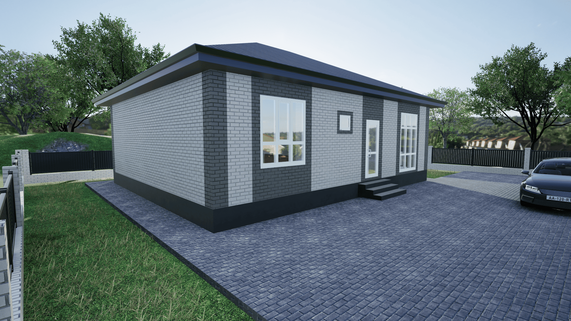 Одноэтажный дом в Ставрополе с комбинированным фасадом из белого и темно-серого кирпича и темной крышей цвета серый графит