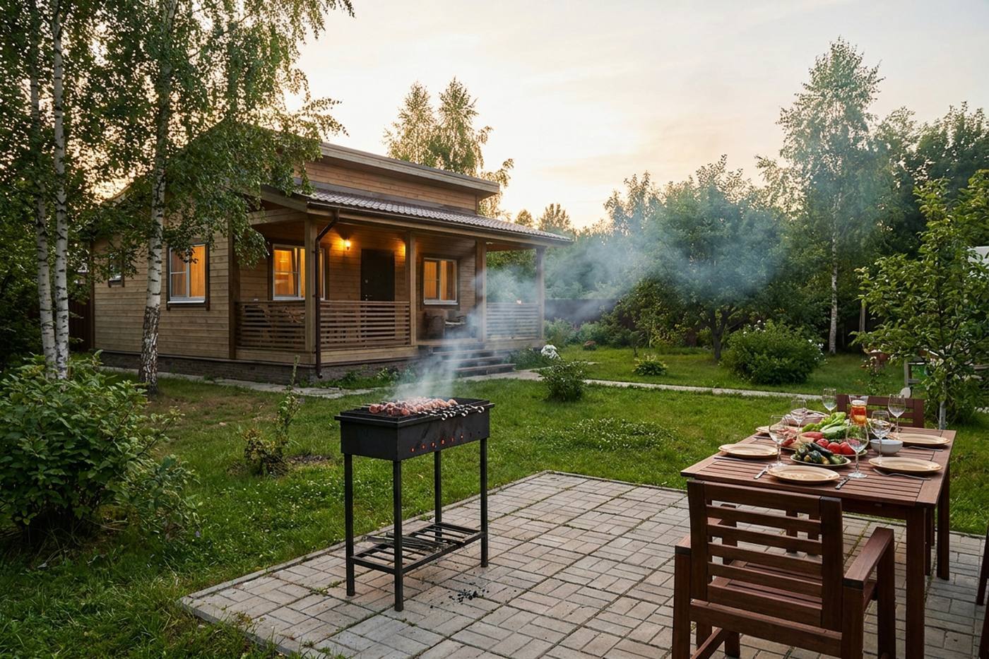 Дымящийся металлический мангал с готовящимся мясом на фоне деревянного дома и сервированного обеденного стола в саду