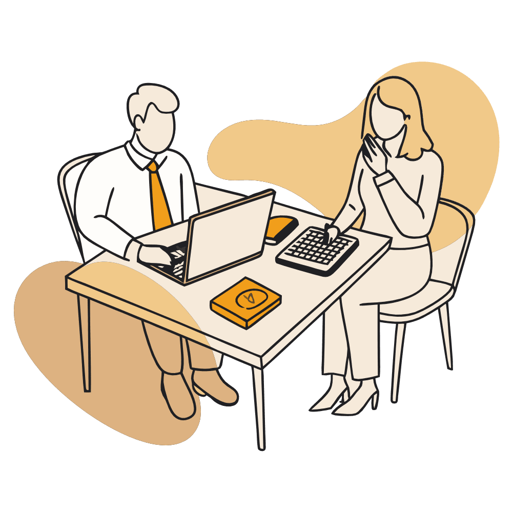 Иллюстрация двух профессионалов за столом с ноутбуком, калькулятором и смартфоном