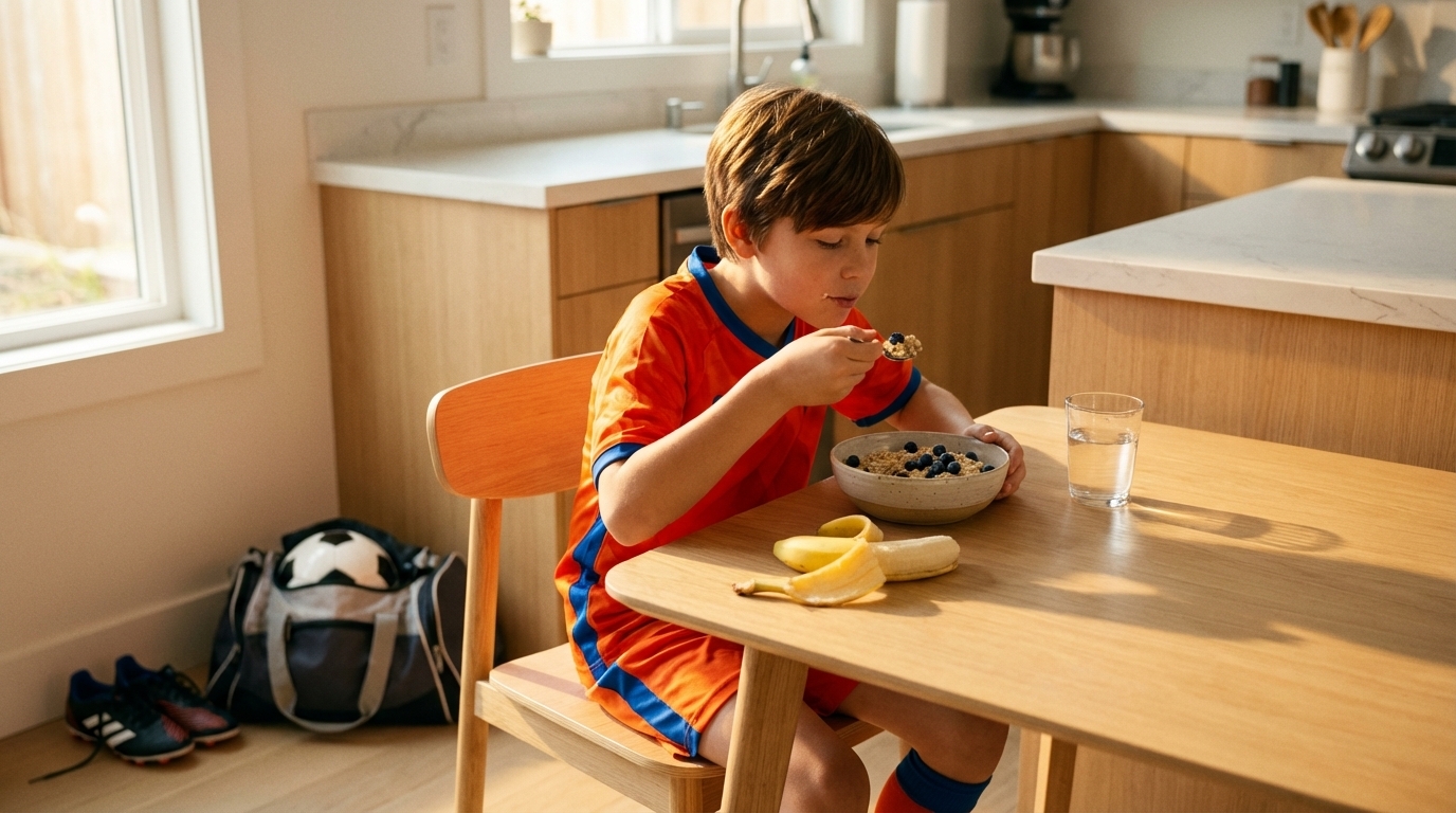 Мальчик завтракает в форме перед матчем