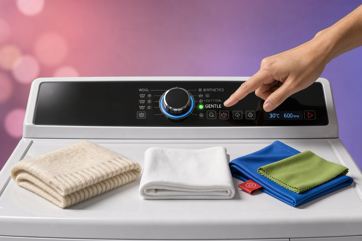 Washing machine control panel with a hand selecting a gentle cycle, fabrics like wool, cotton and synthetics placed nearby