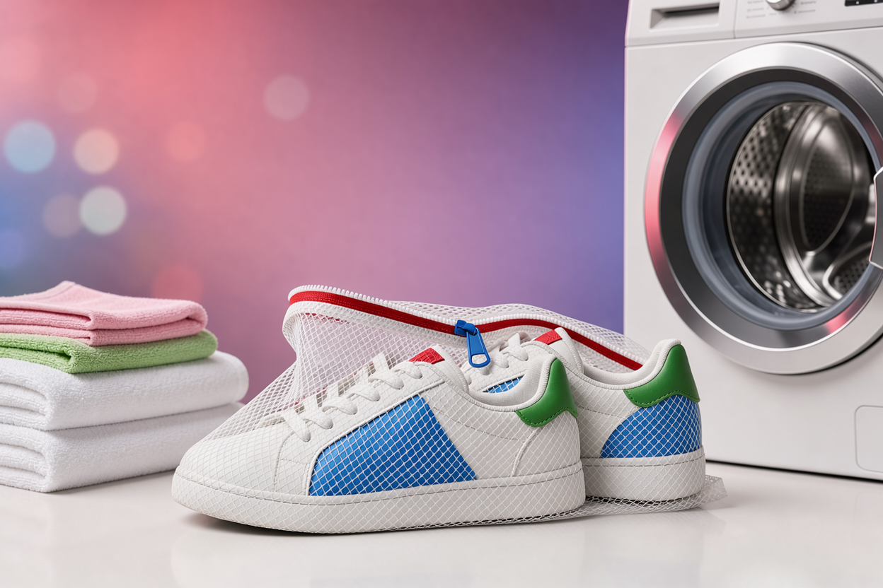 pair of sneakers placed inside a mesh laundry bag next to folded towels ready to be loaded into a front-loading washing machine, visible zipper of the bag