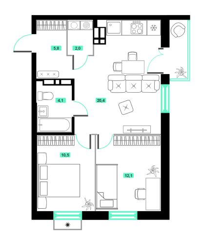 Евро-3-комн 56 м²