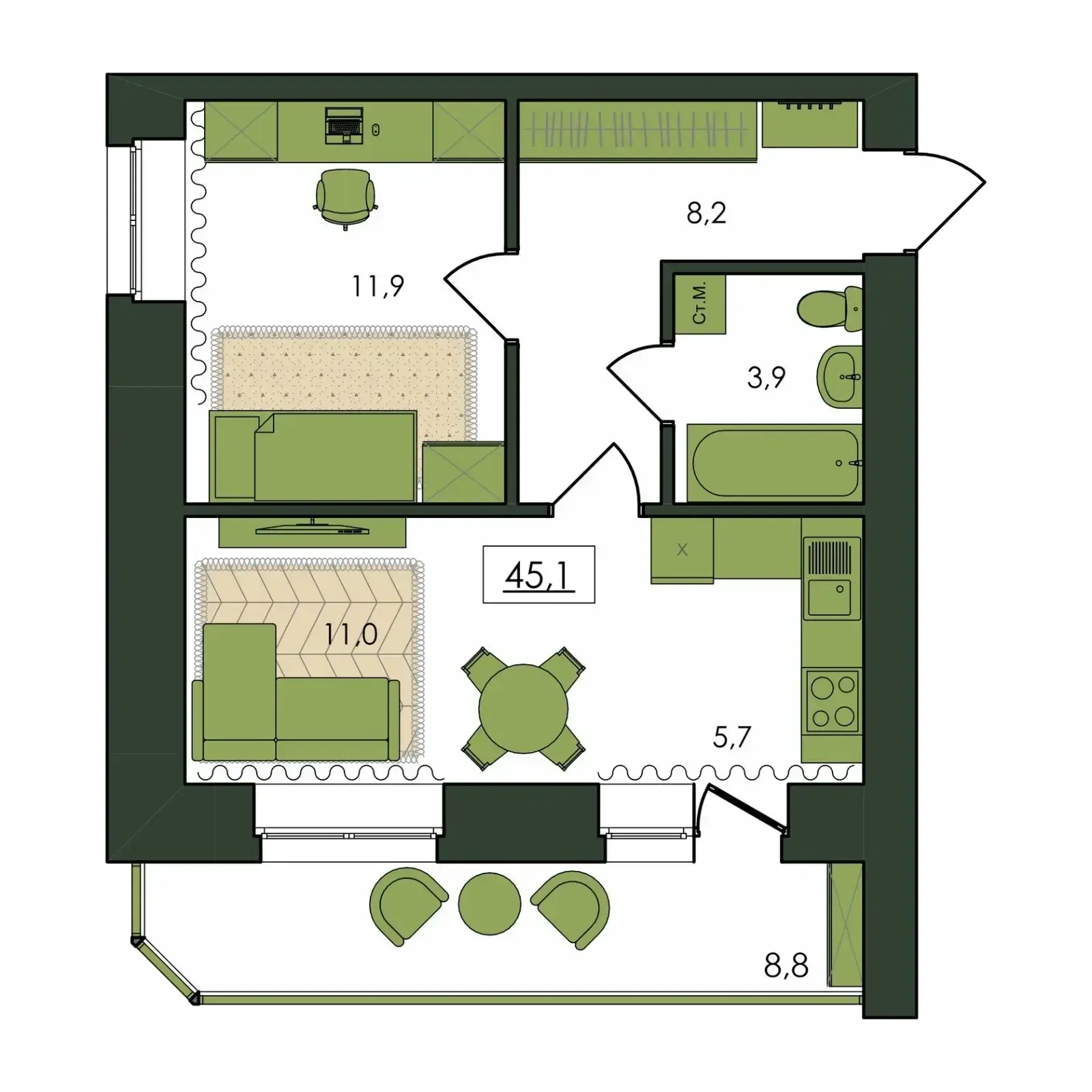 Планировка 1-комнатной квартиры №43, 45,1 м² в ЖК «Клевер»