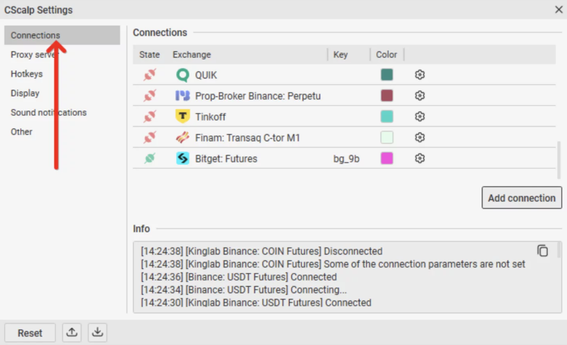 How to trade on Bitget: CScalp Connections