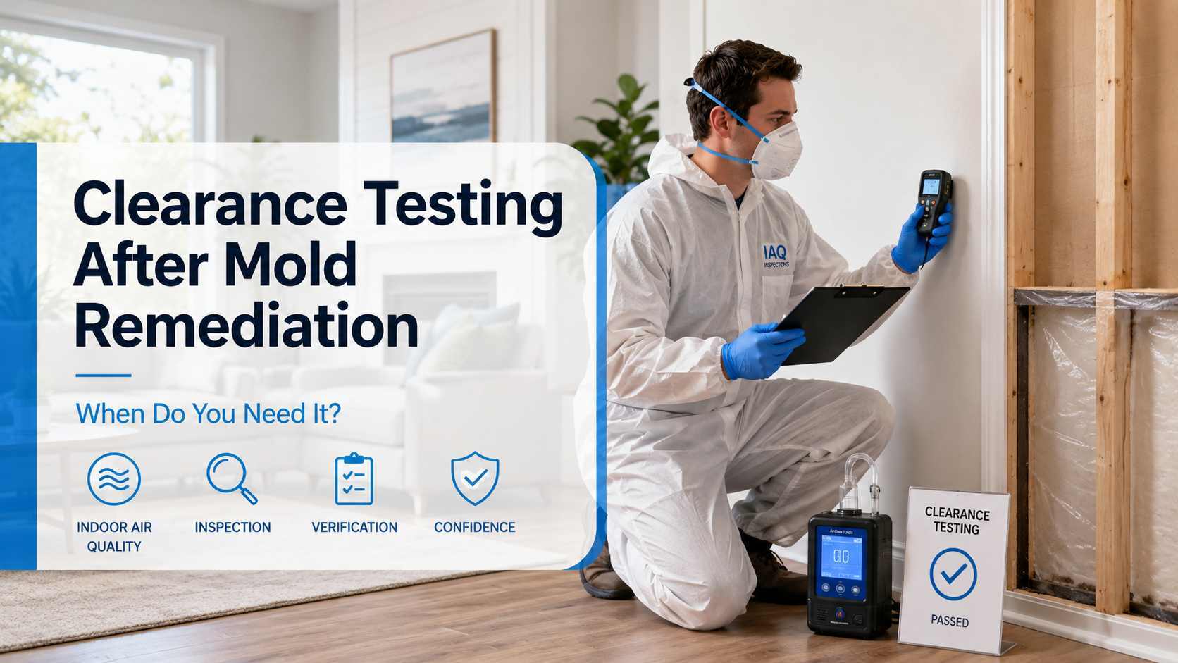 Mold inspector performing clearance testing after mold remediation in a clean home interior with air quality testing equipment and exposed wall framing