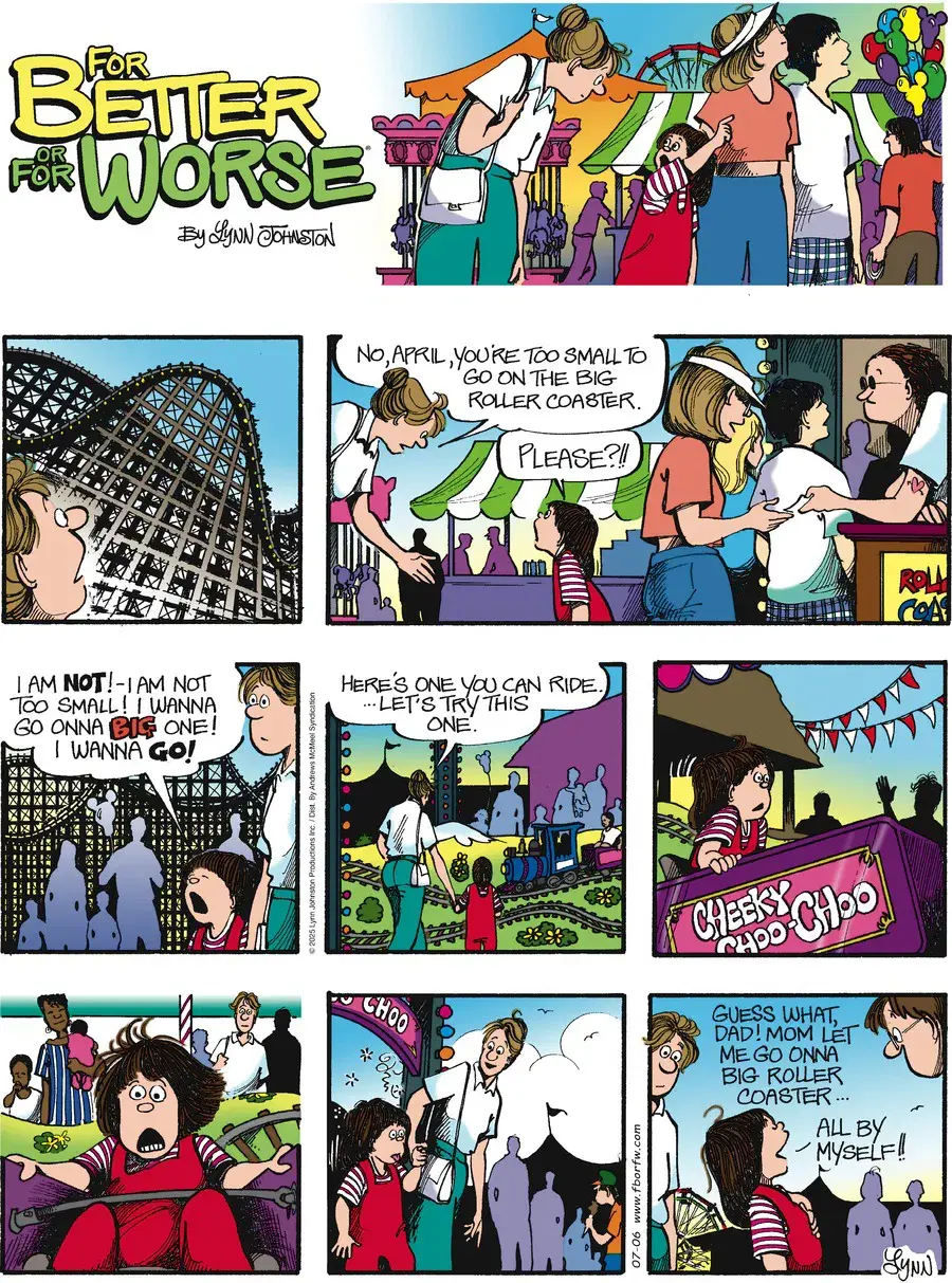 Комикс For Better or For Worse: девочка на ярмарке хочет покататься на большом аттракционе, но мама предлагает ей детские горки — пример простого и понятного английского диалога в комиксе