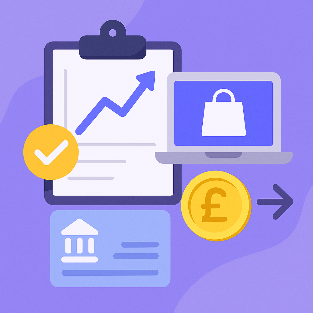 Illustration of ecommerce and financial planning concepts including a rising graph on a clipboard, a shopping bag icon on a laptop screen, a pound coin, a bank icon, and a checkmark—all set on a purple background.