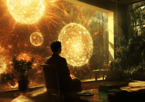 Человек медитирует перед окном, привлекая удачу, с изображением энергетических сфер, символизирующих энергетические законы вселенной