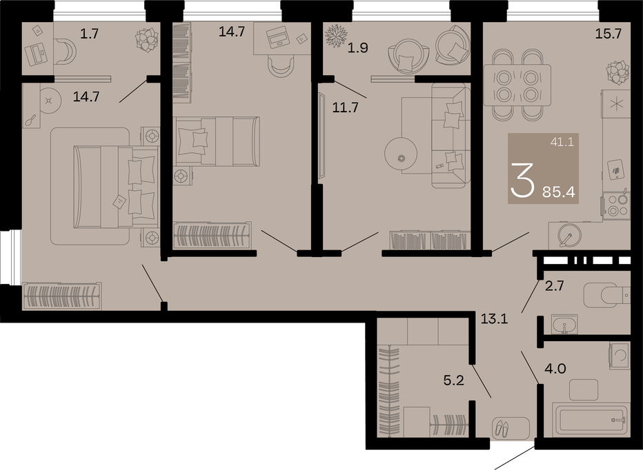 Трёхкомнатная квартира 85.4 м²