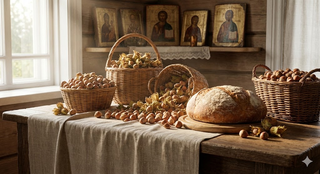 Традиционный стол на Ореховый Спас с корзинами лесных орехов и свежим хлебом