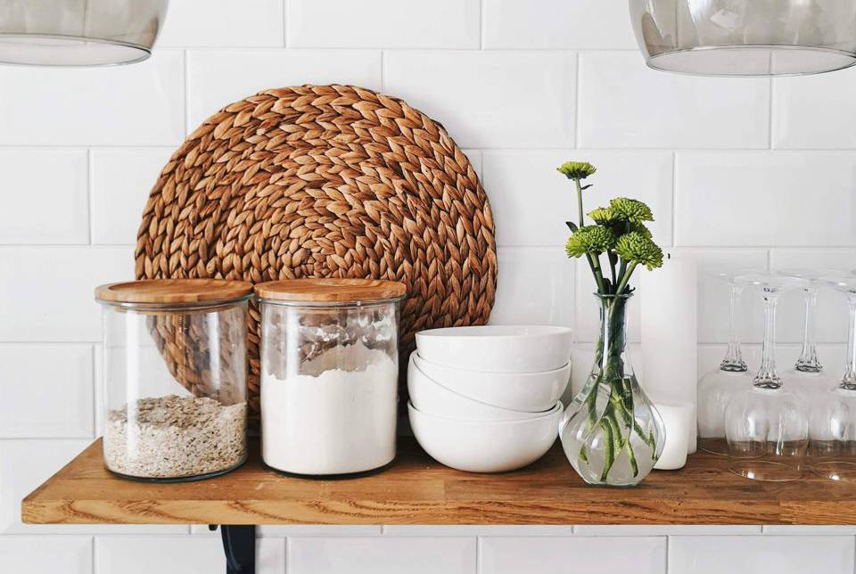 Crockery on a wooden shelf