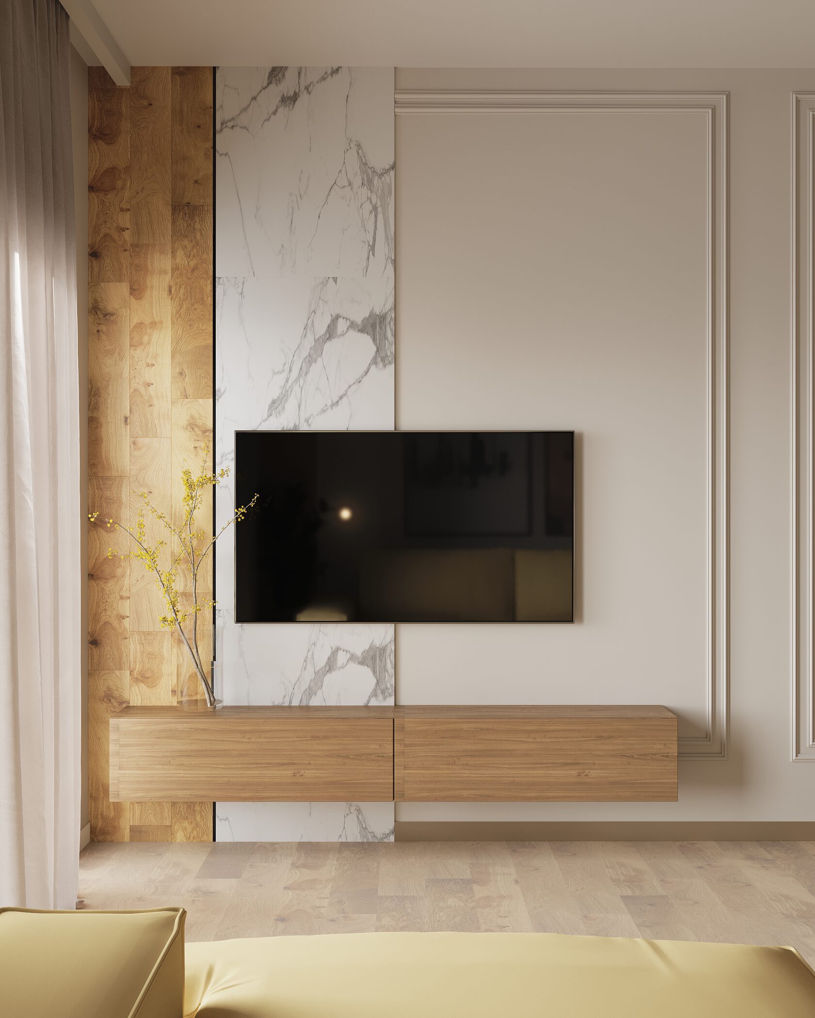 Зона тв с мрамором и молдингами