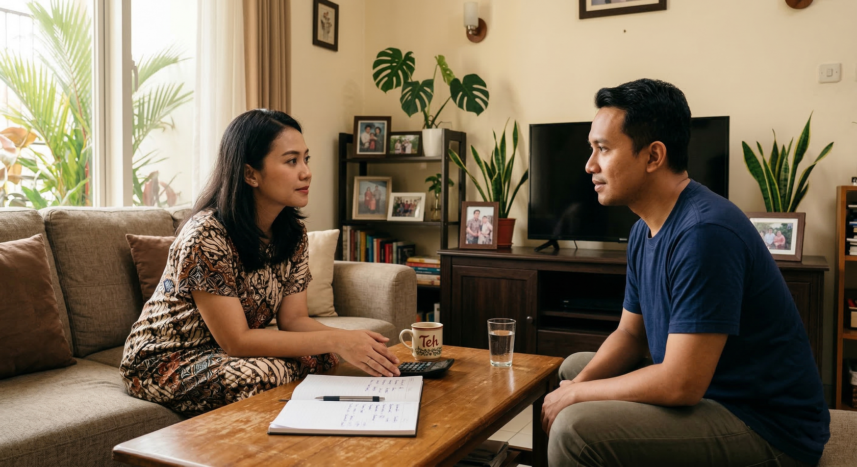 Pasangan duduk di ruang keluarga sambil berdiskusi serius di meja dengan catatan, ilustrasi menyelesaikan masalah rumah tangga secara sehat dan terarah.
