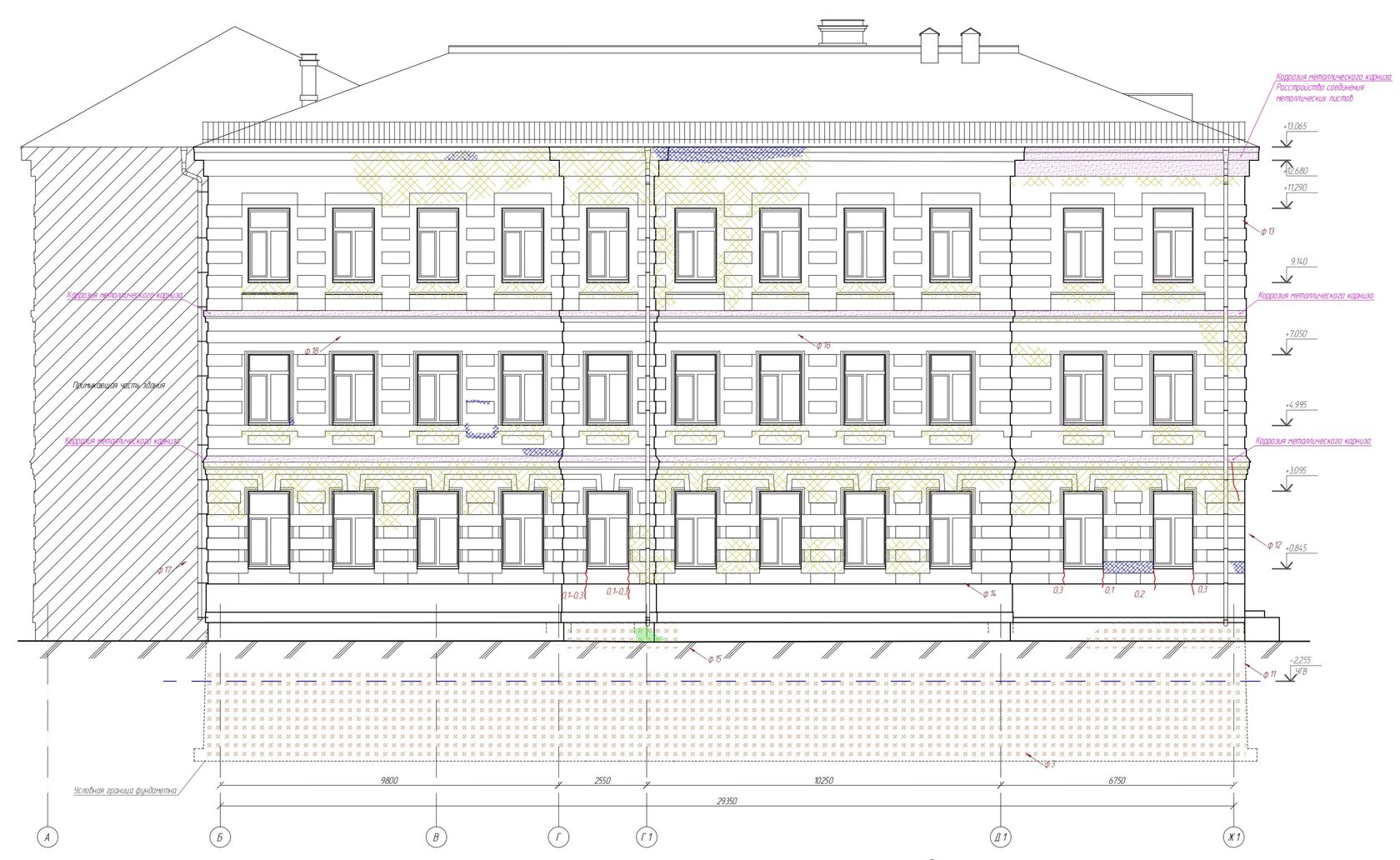 Схема расположения дефектов на фасаде обследуемого здания.