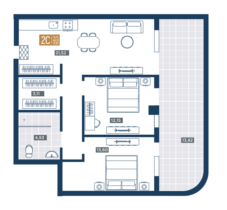 Планировка 2-комнатная 74.15 м²