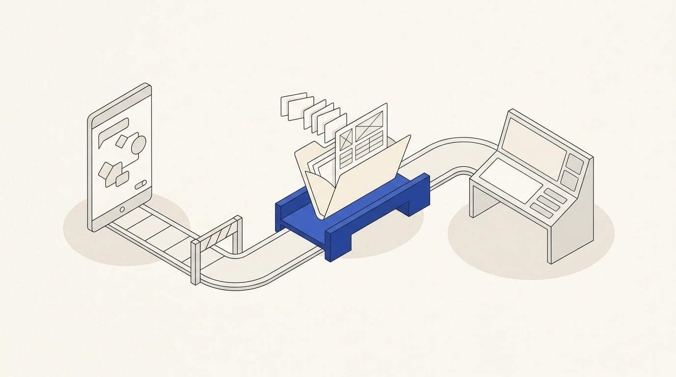 A bot chat and app window linked to payment, a parcel, digital file and return loop.