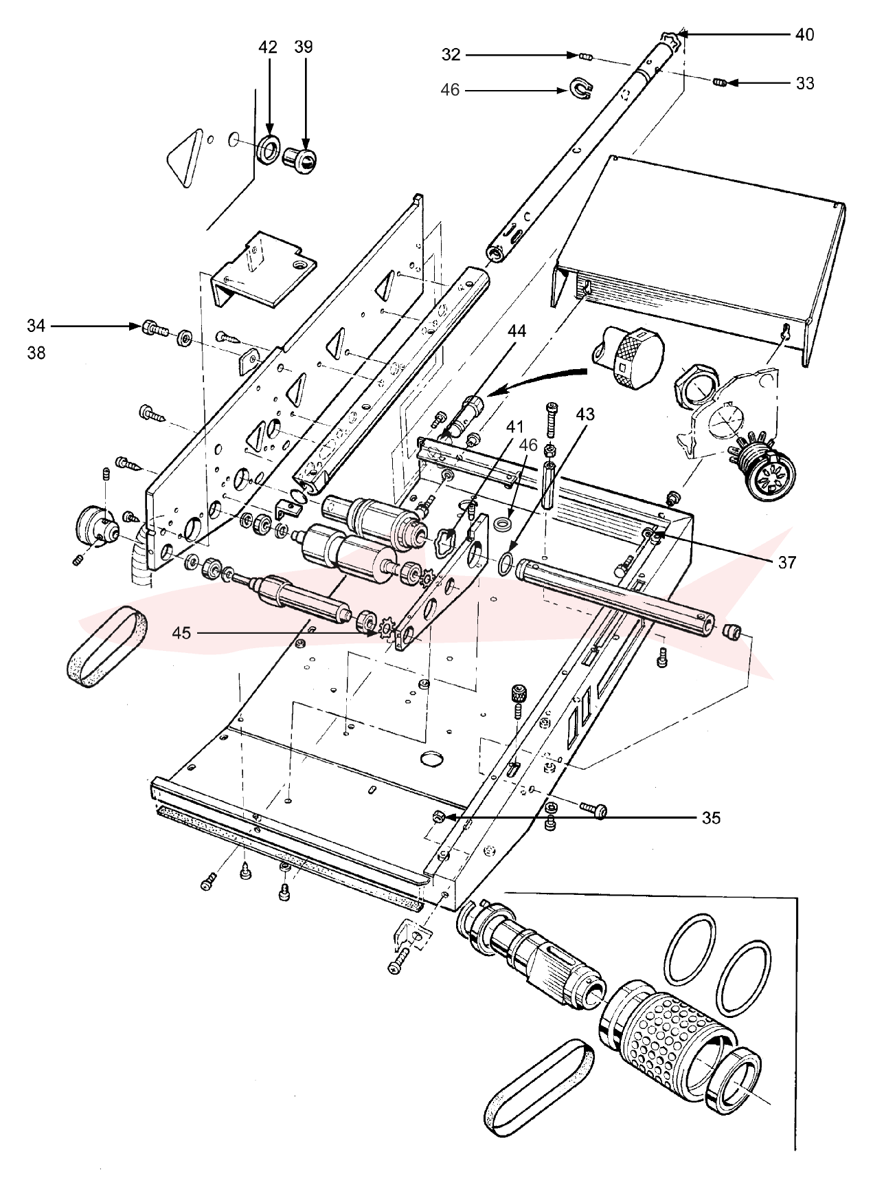 Morgana AutoCreaser Mk2 7-03-03 Feed Bed Assembly — схема деталей, позиции 32–47