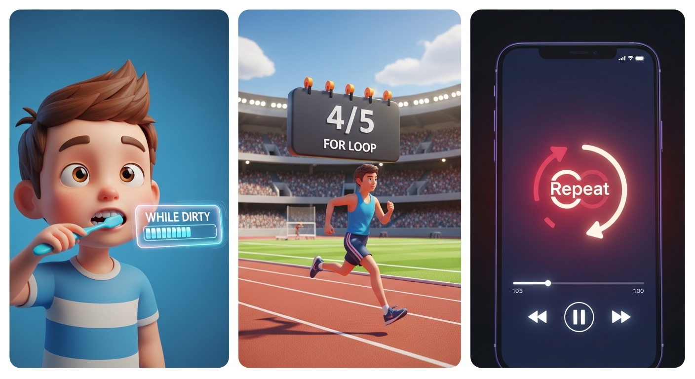 Примеры циклов в реальной жизни: чистка зубов, бег по кругу и режим повтора в музыкальном плеере.