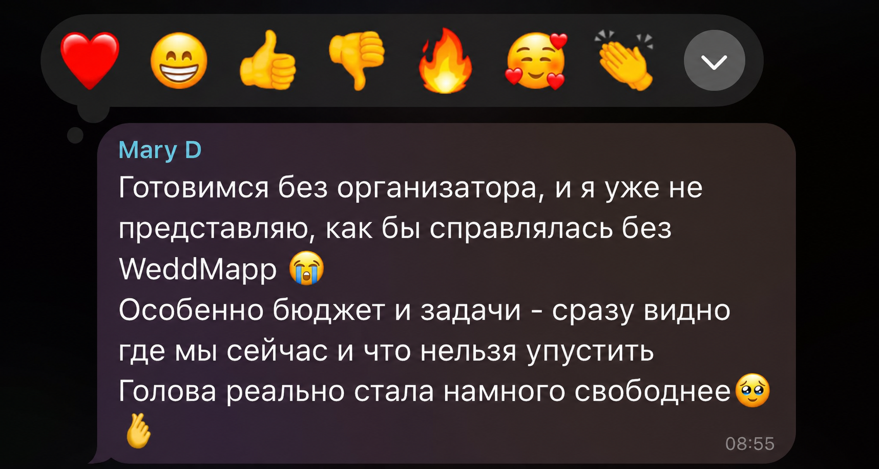 Скриншот отзыва Mary D о свадебном планере WeddMapp