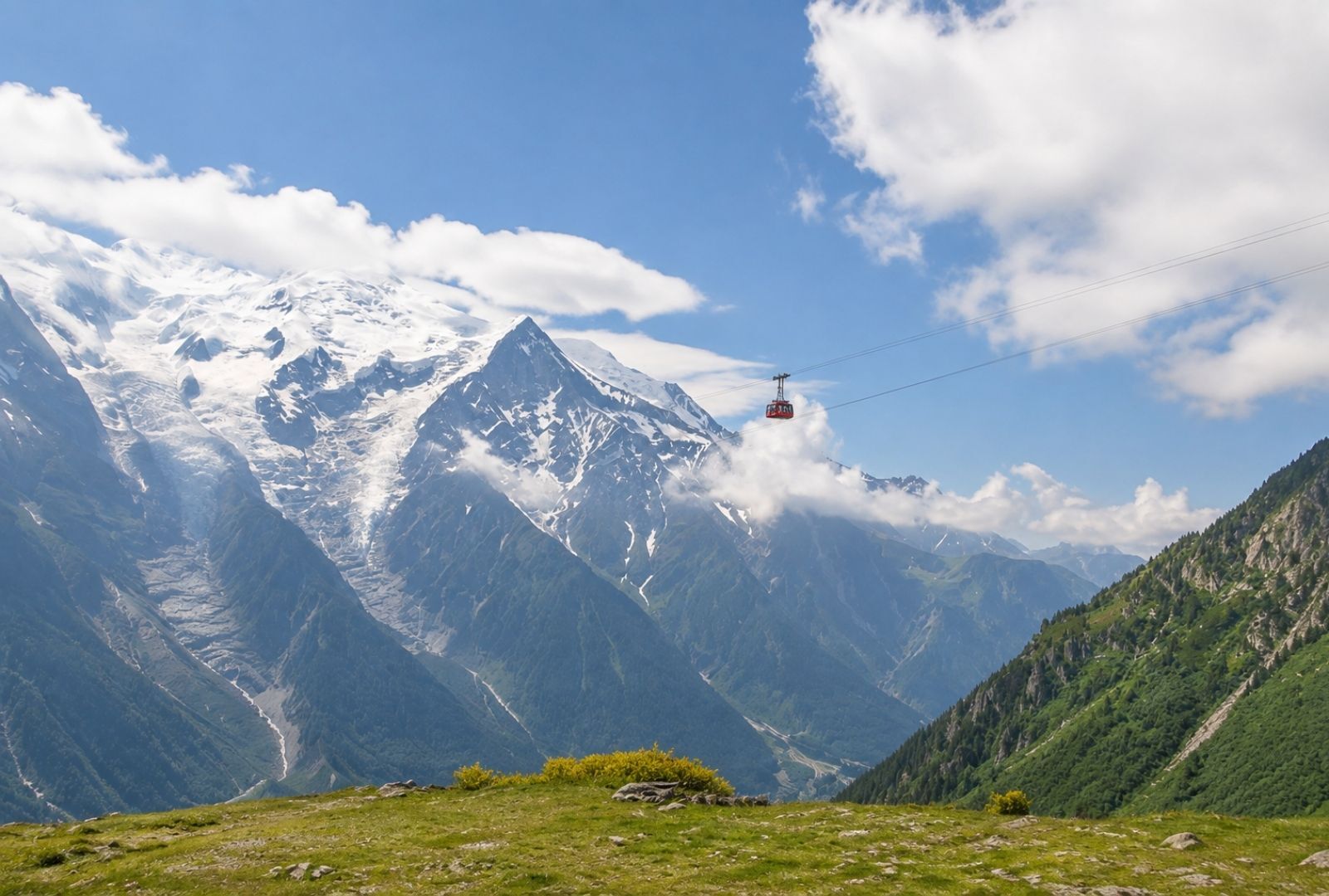 French Alps mountain panorama with cable car