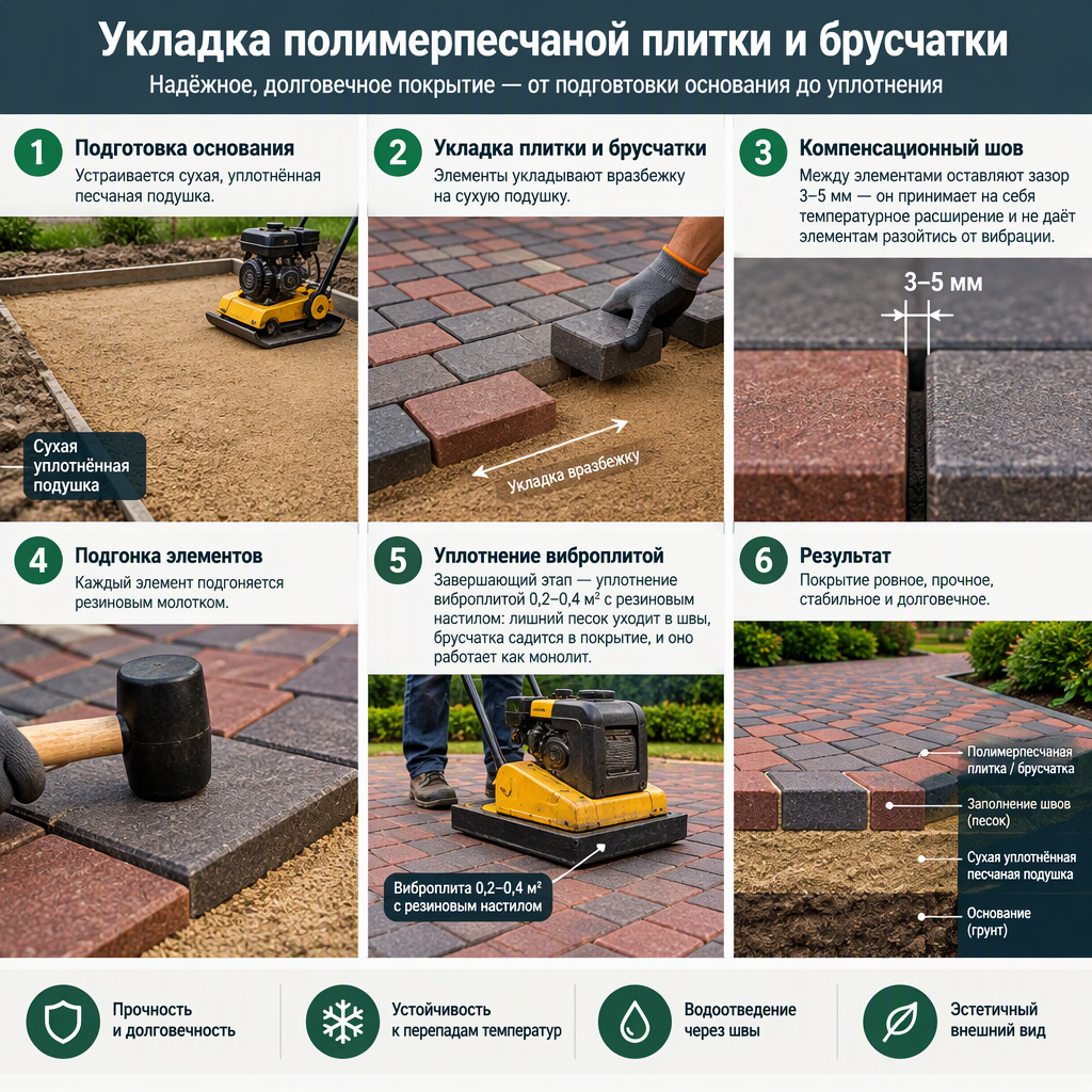 Финальная укладка полимерпесчаной плитки с уплотнением виброплитой