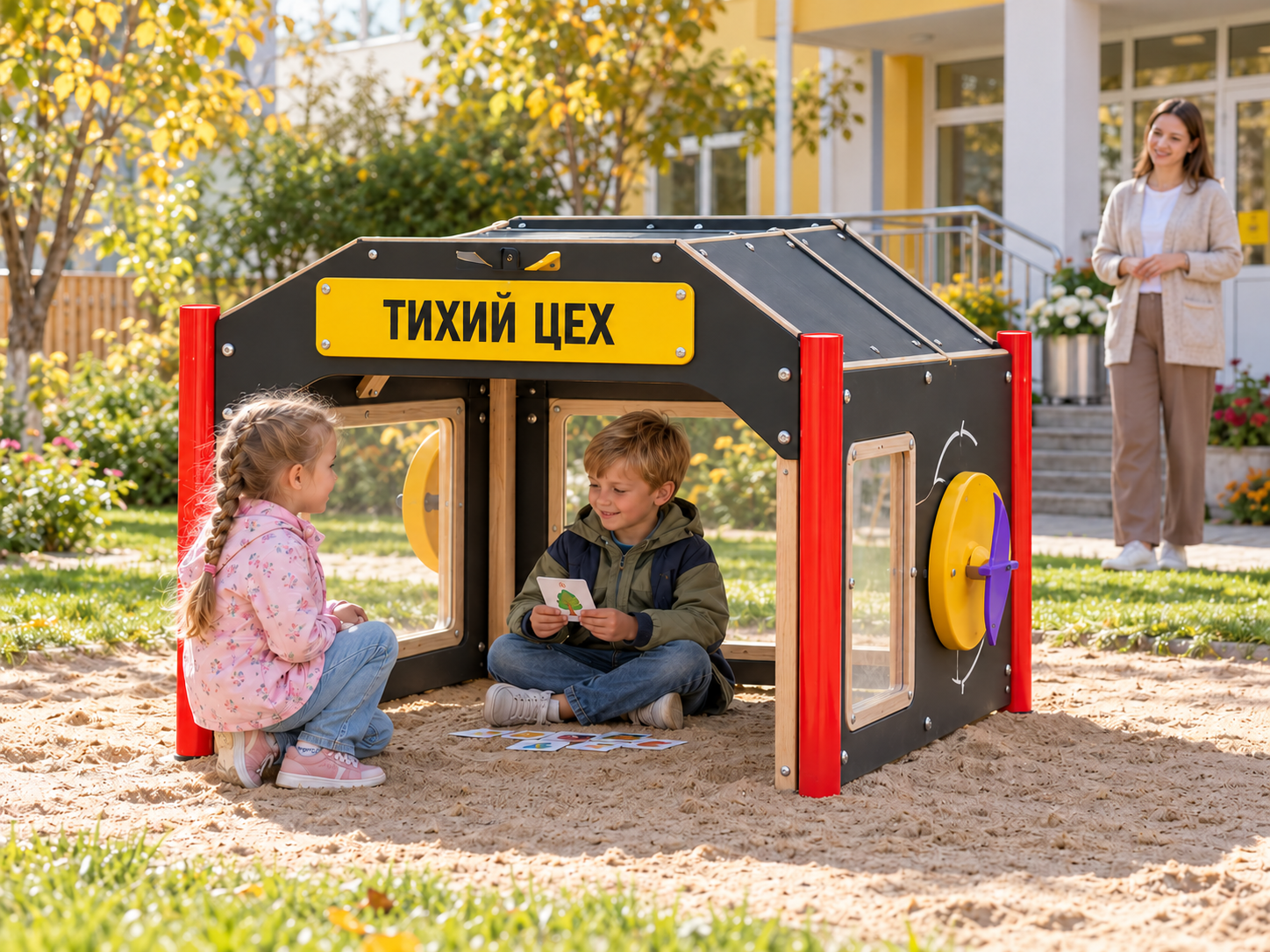 Дети с тележками и инструментами на площадке
