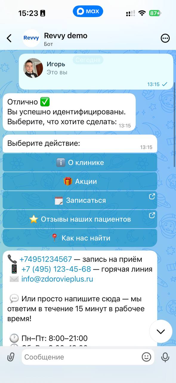 Меню бота Revvy в MAX