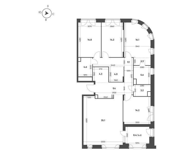 Планировка: 4-комнатная квартира 141,1 м² в ЖК «Мариин Парк», секция 1.1, 12-й этаж
