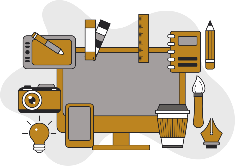Иллюстрация творческого рабочего места с компьютерным монитором, графическим планшетом, кистью и кофейной чашкой.