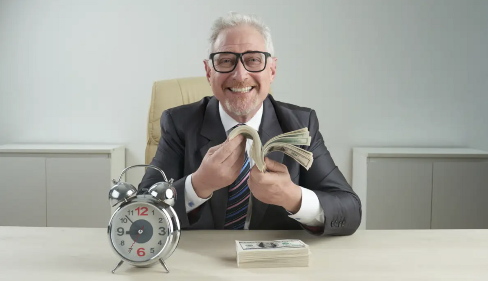 How to make money in an hour: a man with money piles and a clock