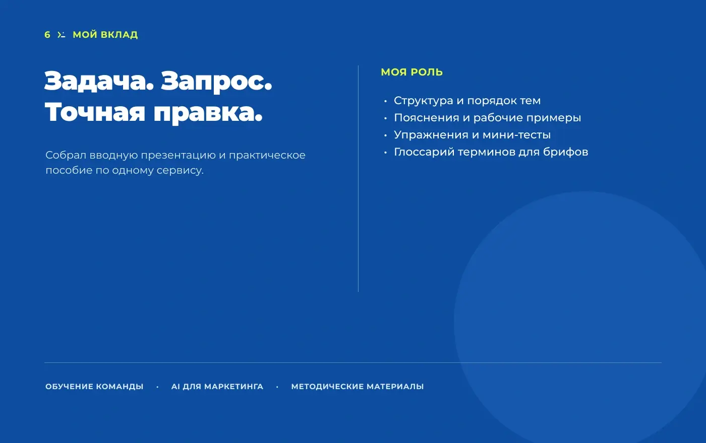 Мой вклад в учебные материалы: структура и порядок тем, пояснения, рабочие примеры, упражнения, мини-тесты и глоссарий терминов для брифов.