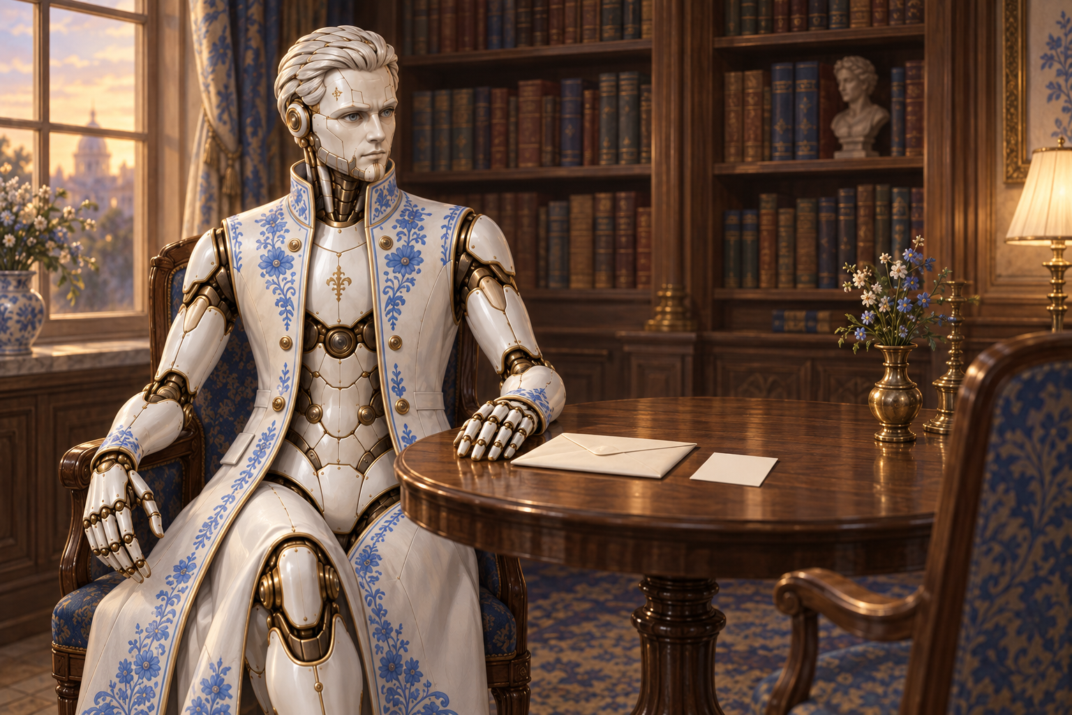 A2 in a white coat with blue Gzhel ornament sits at a library table with a sealed envelope and a blank card; an empty chair stands opposite.