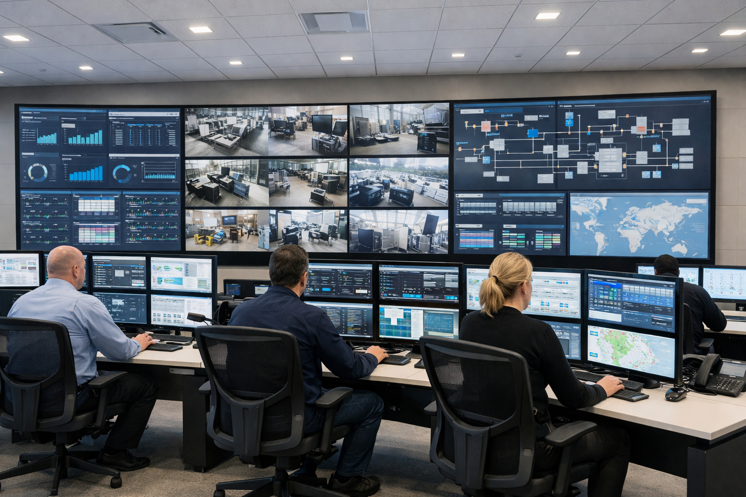 Network operations center command room with video wall