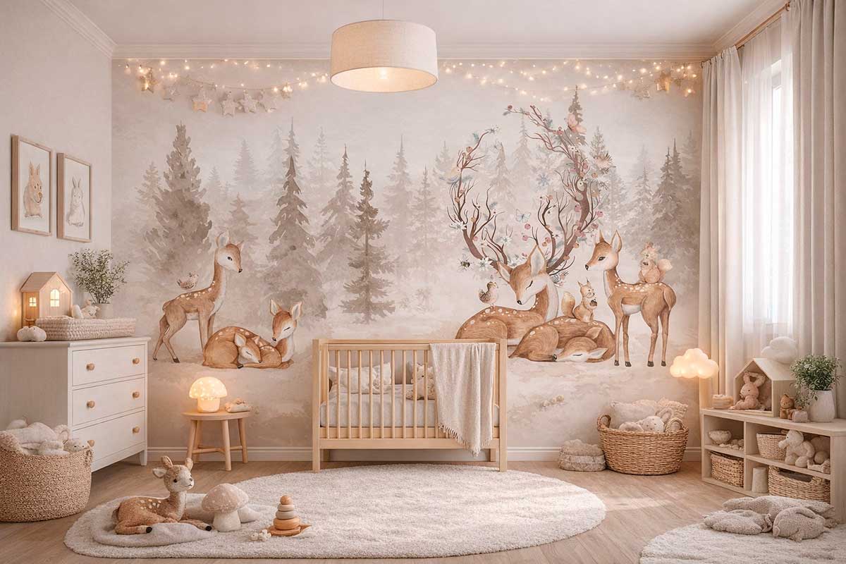 бежевые фотообои в детскую, детские обои бежевый лес, обои с оленями в бежевых тонах, тёплые нейтральные обои для детской, бежевый природный принт, уютные обои в детскую комнату