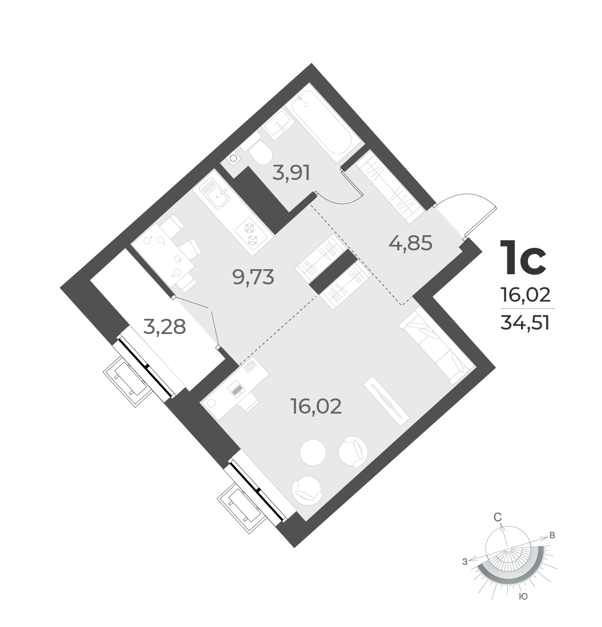 Планировка студии 34.51 м²